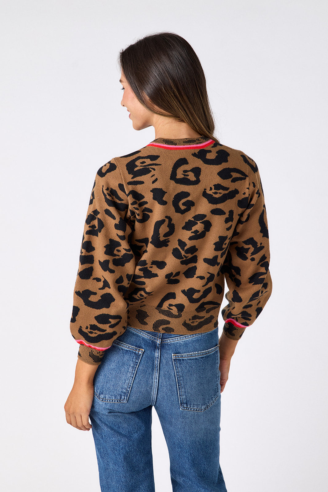 Crosby Colson Leopard Cardigan, back view on-model, full-length