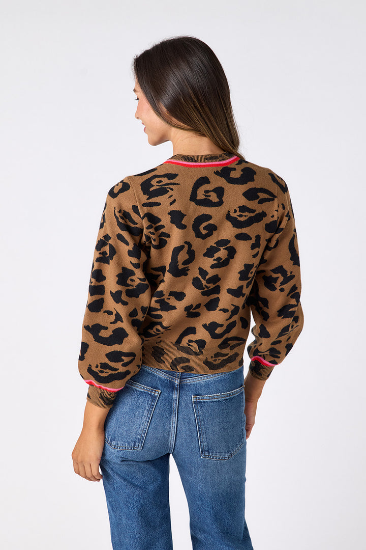 Crosby Colson Leopard Cardigan, back view on-model, full-length