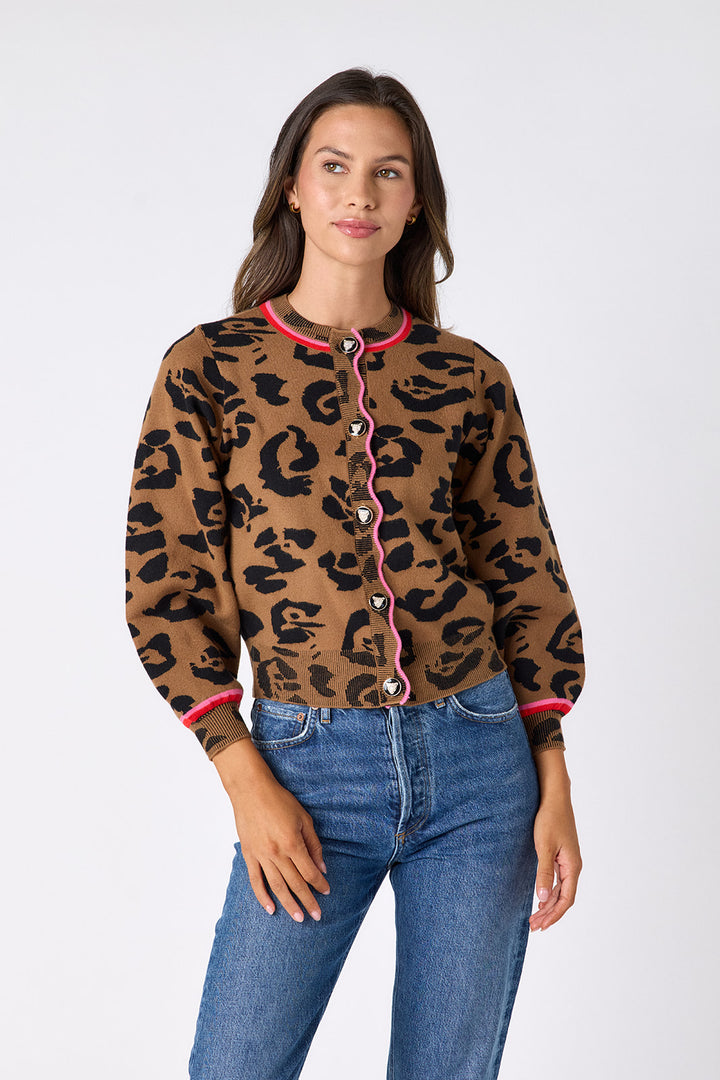 Crosby Colson Leopard Cardigan, front view on-model, full leopard print and button placket