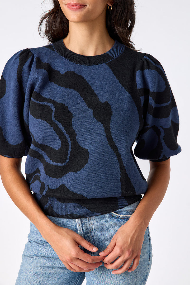 Crosby Smith Ink Wave Sweater, close-up detail of crew neckline and print
