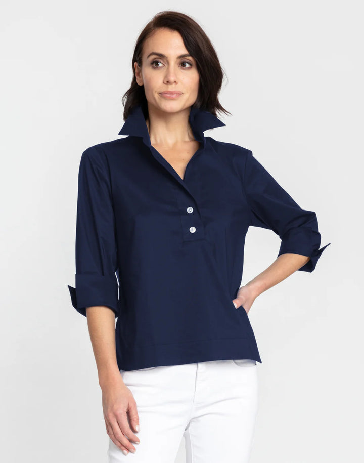 Hinson Wu Aileen 3/4 Sleeve Popover Top in navy, high-low hem with back button detail