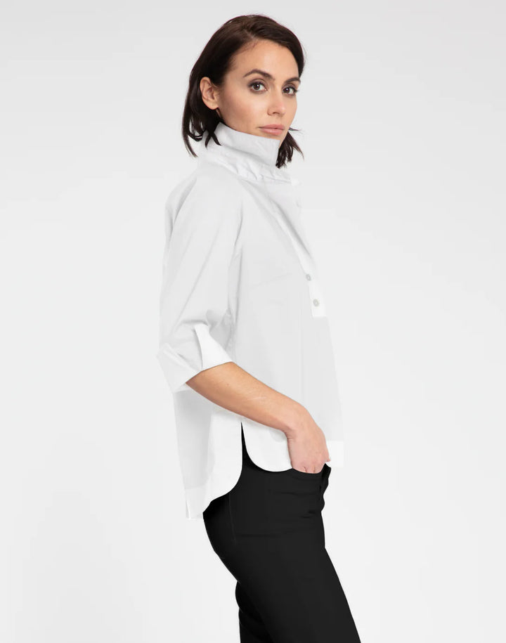 Hinson Wu Aileen 3/4 Sleeve Popover Top in white, high-low hem with back button detail
