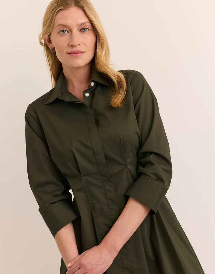 Hinson Wu Martina 3/4 Sleeve Dress in Oregano — close-up on model showing collar and pintuck detail