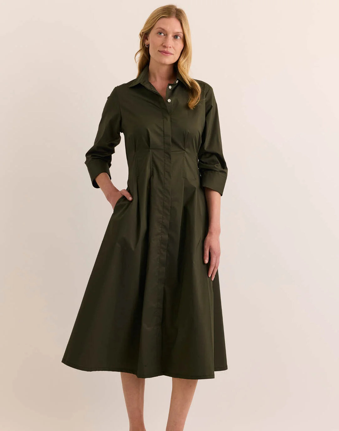 Hinson Wu Martina 3/4 Sleeve Dress in Oregano — front view on model, hand in pocket