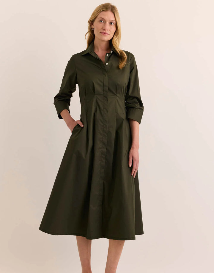Hinson Wu Martina 3/4 Sleeve Dress in Oregano — front view on model, hand in pocket