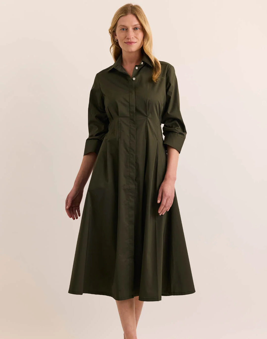 Hinson Wu Martina 3/4 Sleeve Dress in Oregano — front view on model, walking