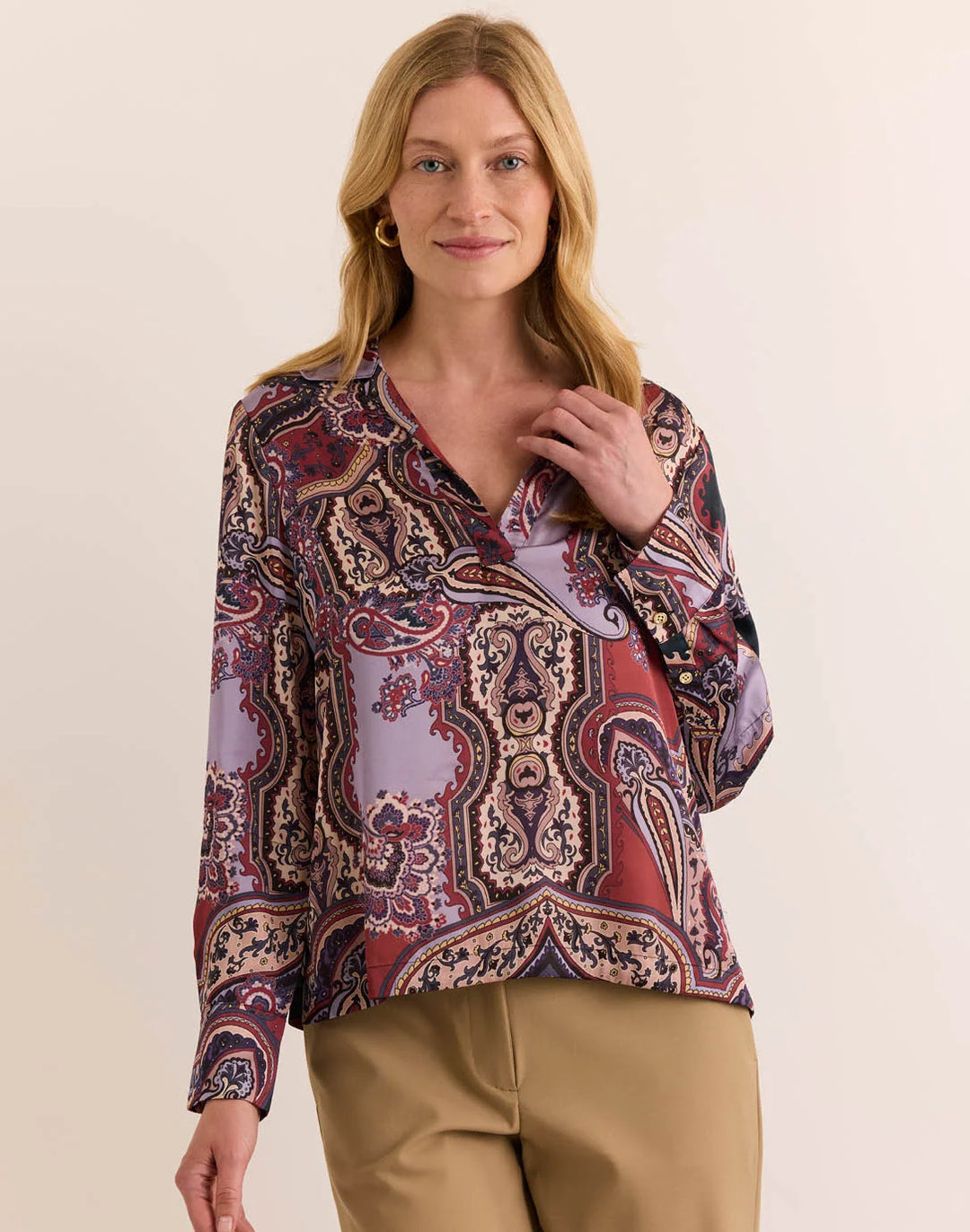 Hinson Wu Mona Plum Paisley Long Sleeve Blouse — front view on model