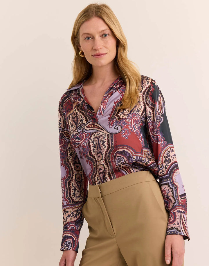 Hinson Wu Mona Plum Paisley Long Sleeve Blouse — front view close-up on model showing collar and print detail
