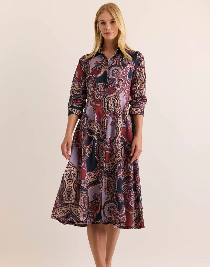Hinson Wu Martina Plum Paisley 3/4 Sleeve Dress — front view on model