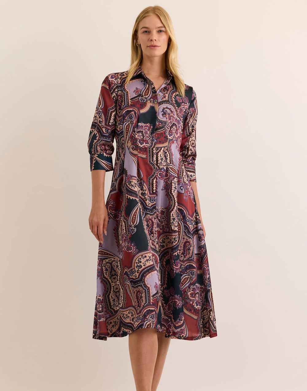Hinson Wu Martina Plum Paisley 3/4 Sleeve Dress — front view on model, close-up on bodice and print