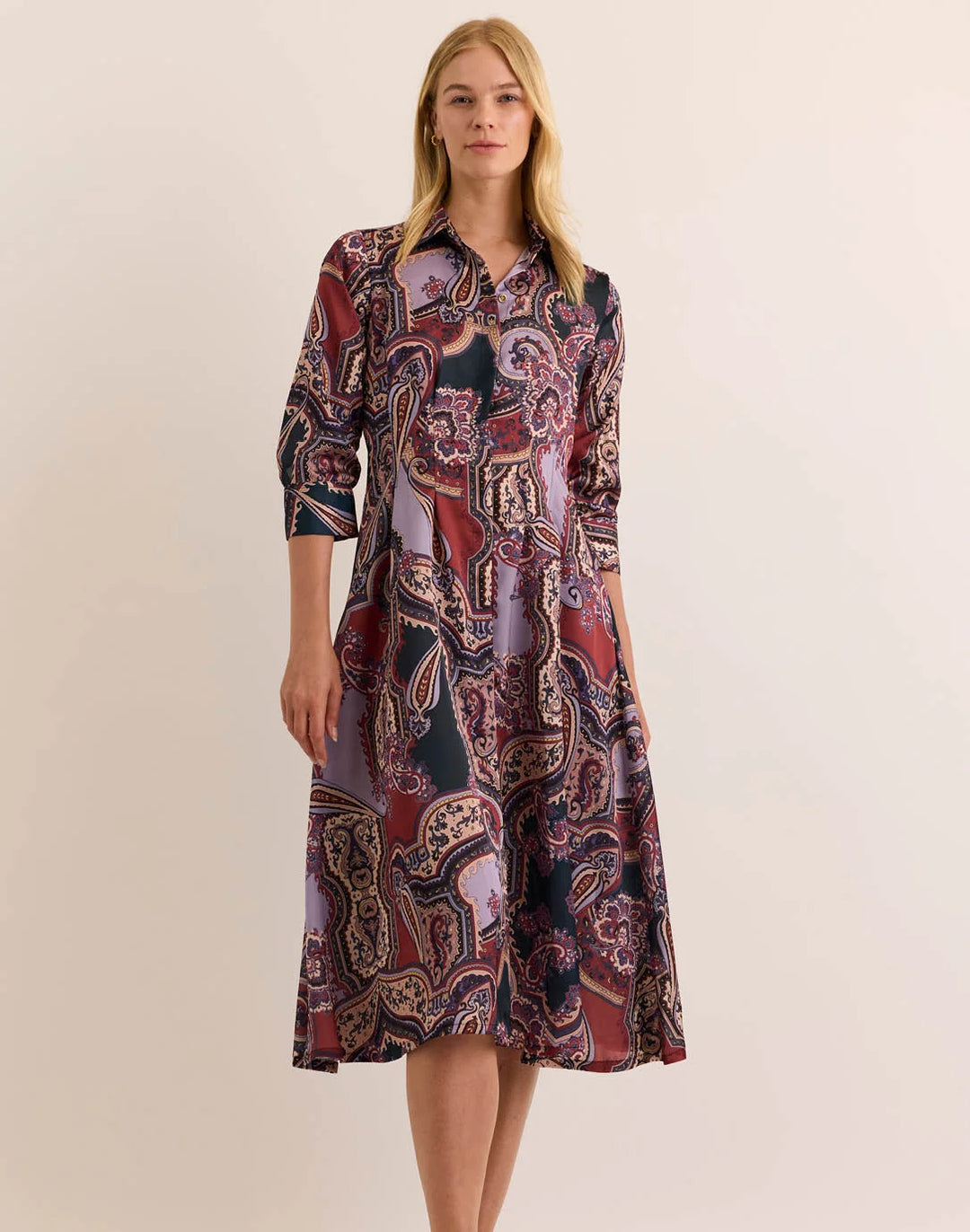 Hinson Wu Martina Plum Paisley 3/4 Sleeve Dress — front view on model, close-up on bodice and print