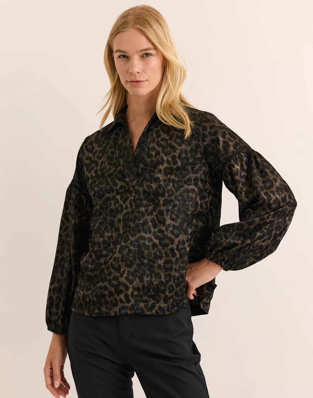 Hinson Wu Arianna Animal Print Long Sleeve Blouse — front view on model, hand on hip