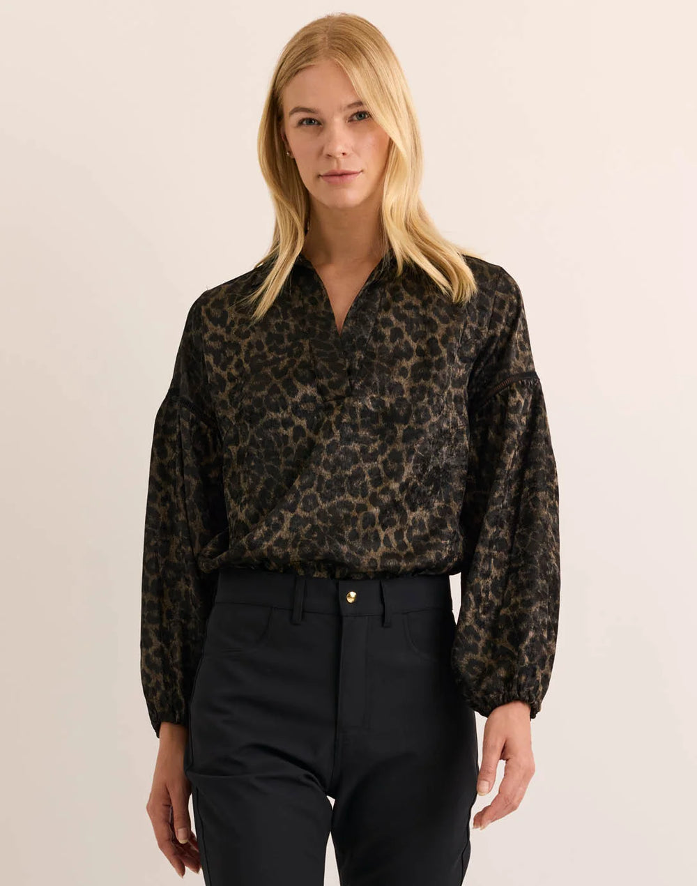 Hinson Wu Arianna Animal Print Long Sleeve Blouse — front view on model