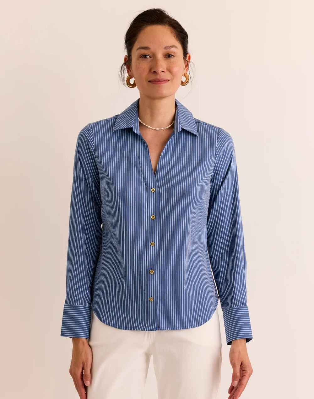 Hinson Wu Lindsey Blue Long Sleeve Striped Top — front view on model, close-up on collar and button detail