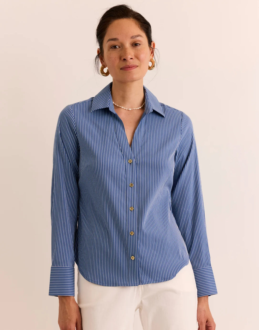Hinson Wu Lindsey Blue Long Sleeve Striped Top — front view on model