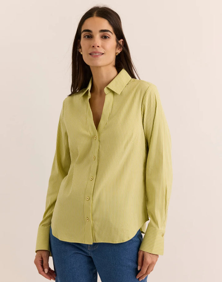 Hinson Wu Lindsey Pistachio Long Sleeve Striped Top — front view on model, close-up on collar and button detail