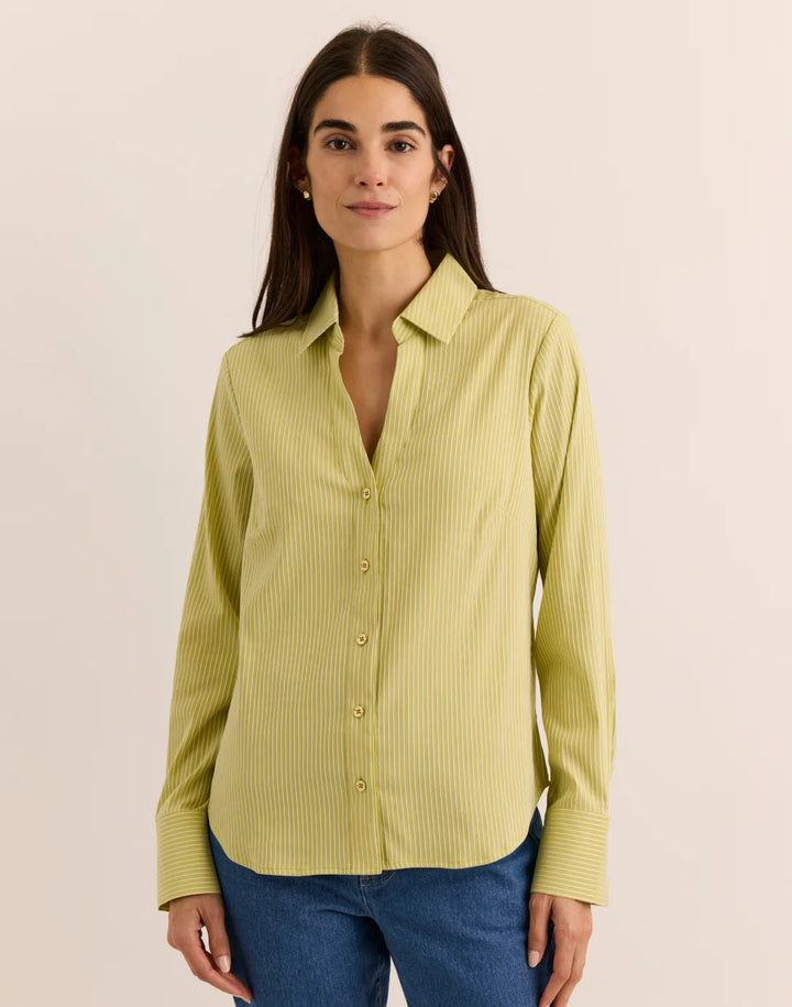 Hinson Wu Lindsey Pistachio Long Sleeve Striped Top — front view on model
