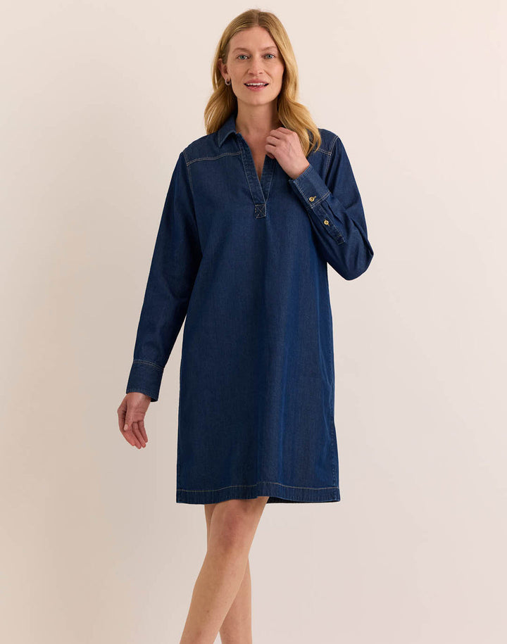 Hinson Wu Monica Long Sleeve Denim Dress in dark wash, split V-neckline, relaxed silhouette, shown on model facing forward.