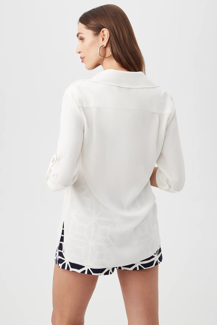Trina Turk Portrait Top White – back view on model, showing pointed collar and rolled sleeve detail