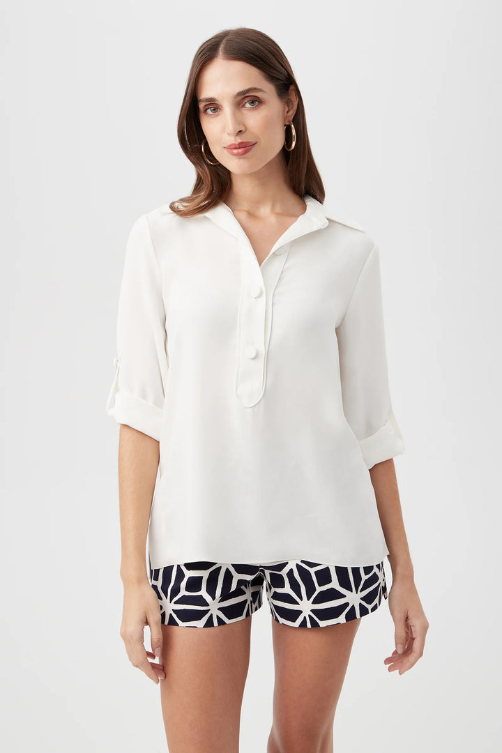 Trina Turk Portrait Top White – front view on model, showing half-placket button front