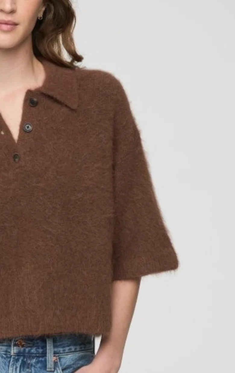 Detail close-up — Pistola Nadya Alpaca Blend Boxy Polo Sweater in Roche, brushed alpaca blend texture and button placket