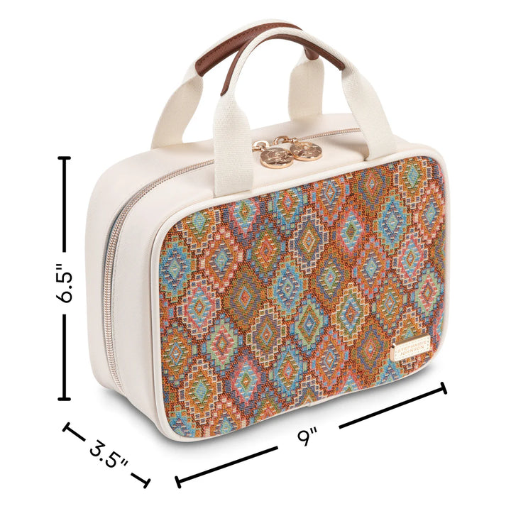 Dimension view: Stephanie Johnson ML Traveler in Bodrum Kilim print with measurement callouts showing 6.5 inches height, 9 inches width, and 3.5 inches depth.