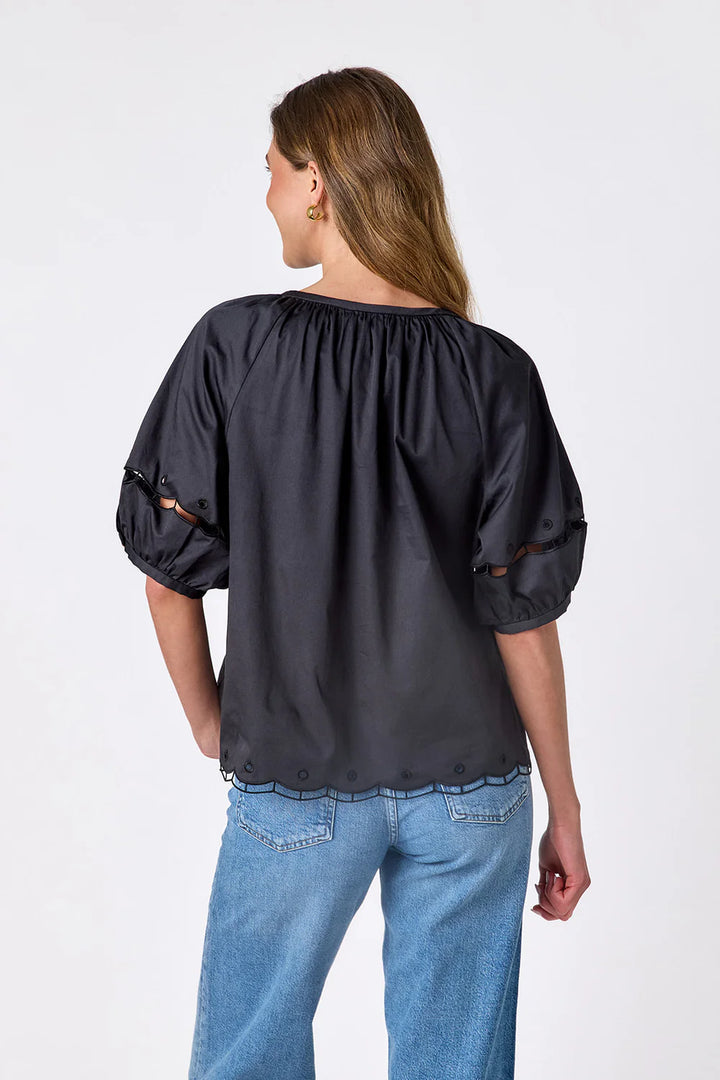 Back of Crosby Perrie Top in black, styled with a gathered scoop neckline, balloon sleeves, and button front, worn with medium-wash denim.