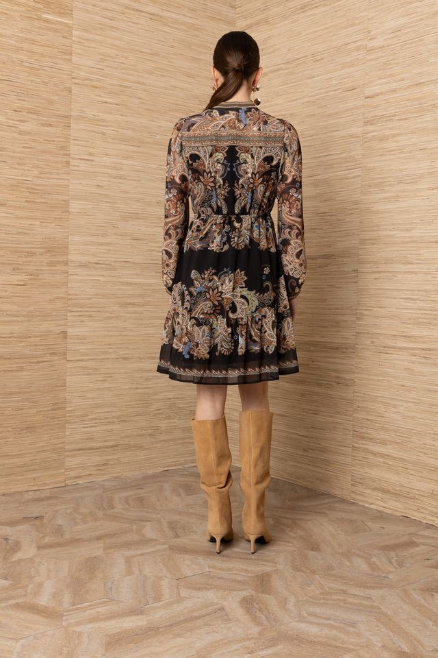Hale Bob Isolde Long Sleeve Short Dress, black multi paisley print, full-length back view