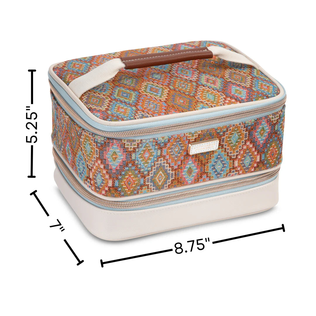 Dimension view: Stephanie Johnson Jenny Train Case in Bodrum Kilim print with measurement callouts showing 5.25 inches height, 8.75 inches width, and 7 inches depth.