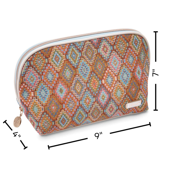 Dimension view: Stephanie Johnson Lola Makeup Bag in Bodrum Kilim print with measurement callouts showing 7 inches height, 9 inches width, and 4 inches depth.