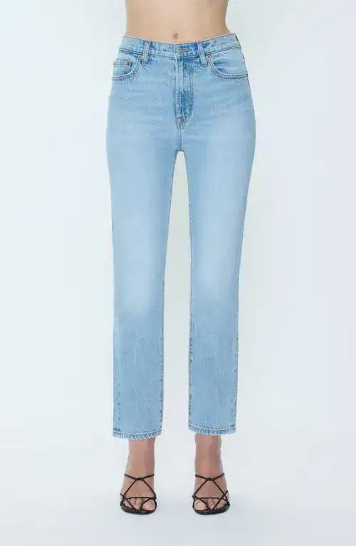 Pistola Bri Ankle High Rise Slim Straight Jean in Day Off, light wash denim, high rise slim straight silhouette with cropped ankle length, front view