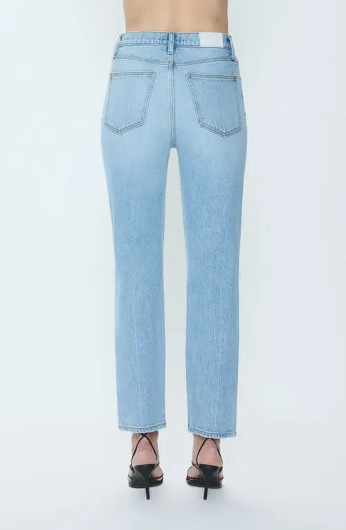 Pistola Bri Ankle High Rise Slim Straight Jean in Day Off, light wash denim, back view with five-pocket detail and straight leg, cropped at ankle