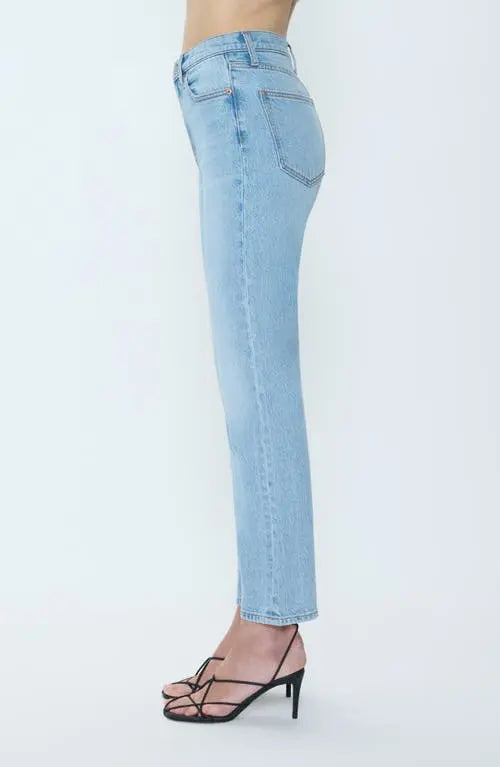 Pistola Bri Ankle High Rise Slim Straight Jean in Day Off, light wash denim, side view showing high rise and slim straight leg with cropped ankle inseam