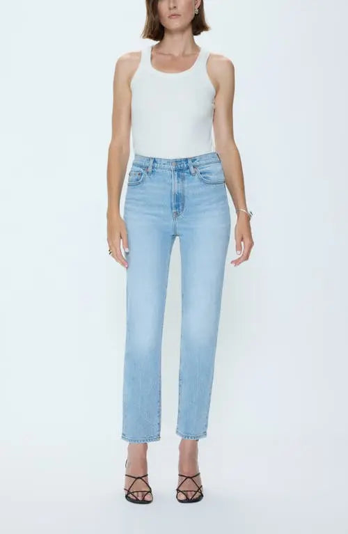 Pistola Bri Ankle High Rise Slim Straight Jean in Day Off, light wash denim, high rise slim straight fit with ankle length, styled with white tank and strappy heels