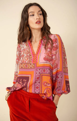 Louise Silk V-Neck Top - Orange Multi