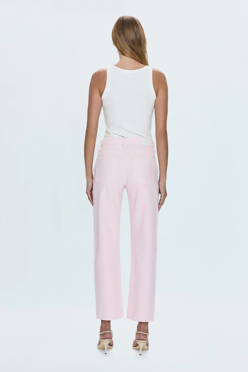 Back on-model — Pistola Lexi Mid Rise Bowed Straight Jean in Blush, five-pocket back detail on straight leg denim