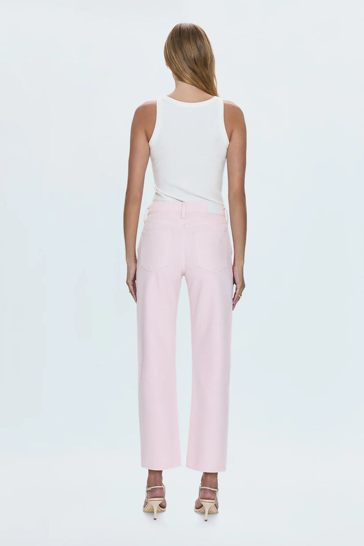 Back on-model — Pistola Lexi Mid Rise Bowed Straight Jean in Blush, five-pocket back detail on straight leg denim