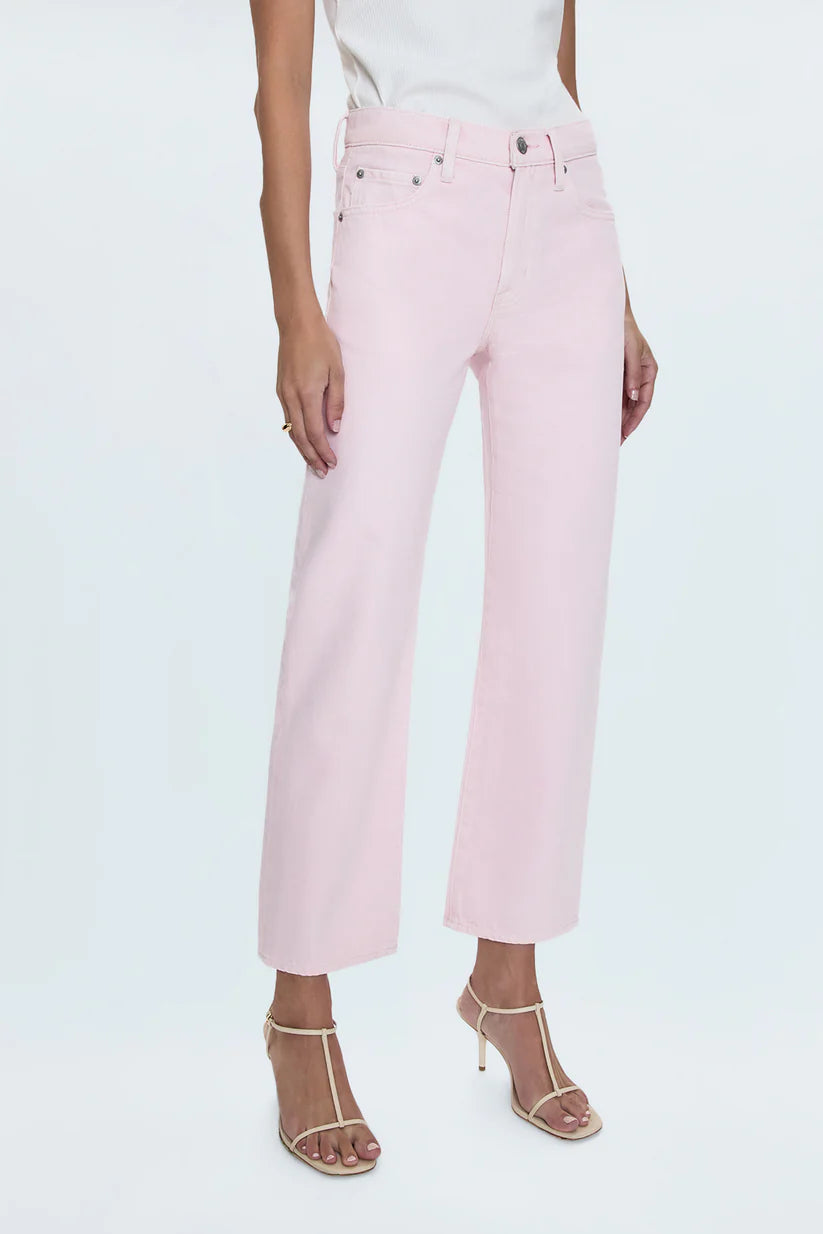 Side on-model — Pistola Lexi Mid Rise Bowed Straight Jean in Blush, cropped ankle length with bowed leg shape