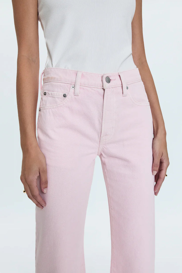 Detail close-up — Pistola Lexi Mid Rise Bowed Straight Jean in Blush, front waistband and pocket hardware