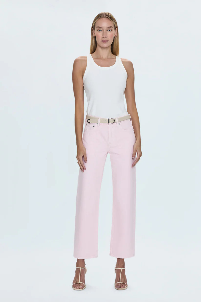 Pistola Lexi Mid Rise Bowed Straight Jean in Blush, mid-rise straight leg denim with bowed silhouette, worn with white tank