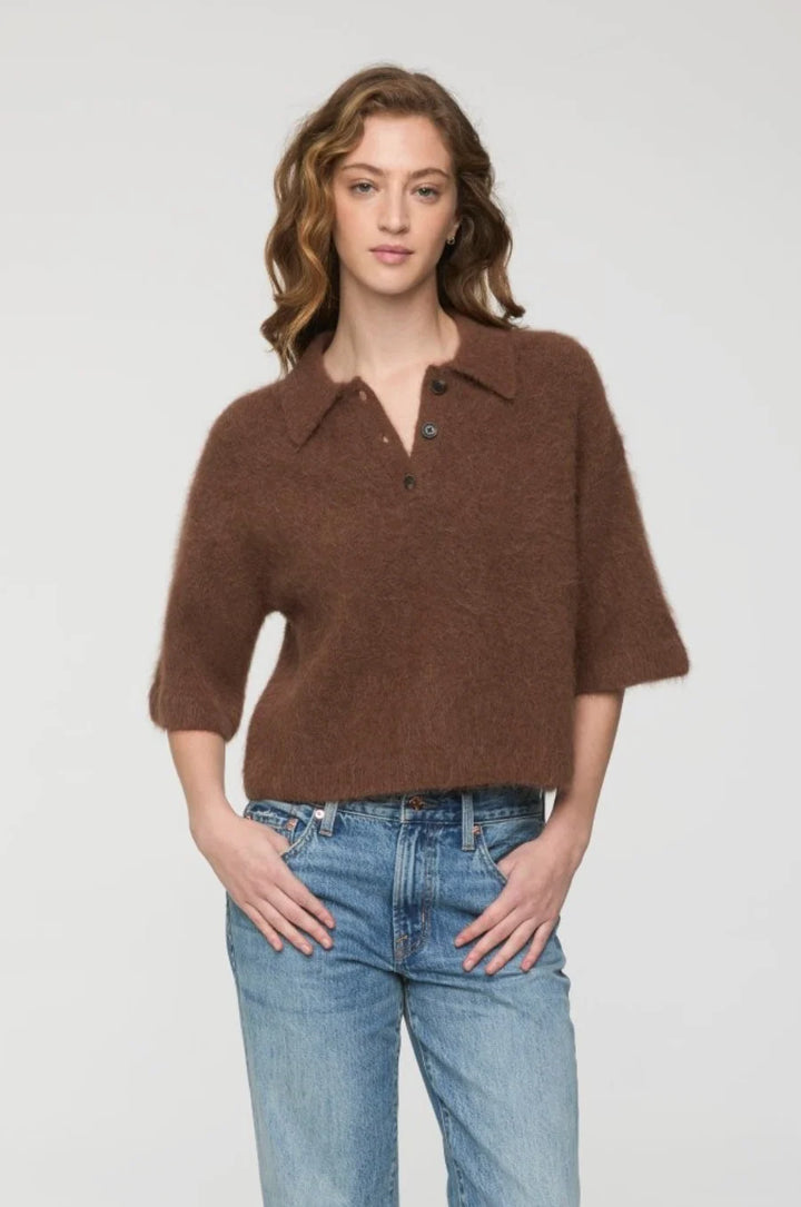 Front on-model — Pistola Nadya Alpaca Blend Boxy Polo Sweater in Roche, brown boxy polo sweater with point collar, worn with denim