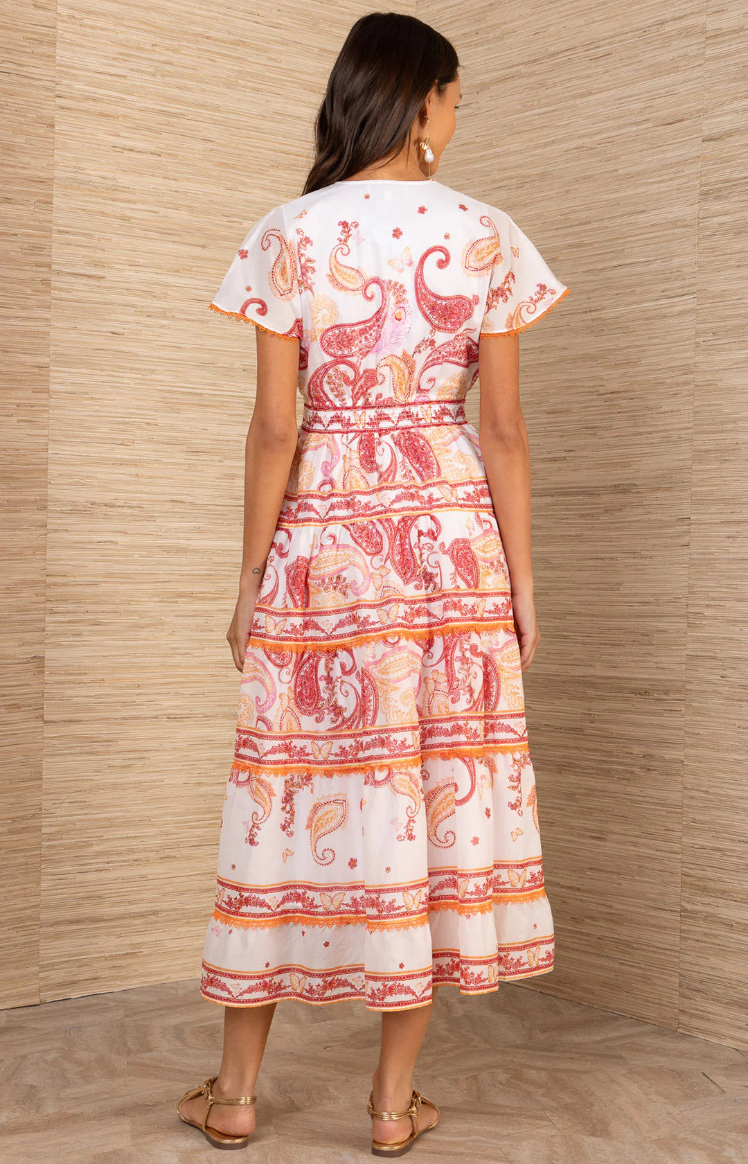 Hale Bob Azeneth Short Sleeve Tiered Midi Dress in coral and tangerine paisley print on washed cotton voile with smocked waist and tiered skirt with trim inserts - back