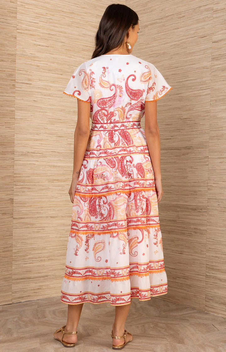Hale Bob Azeneth Short Sleeve Tiered Midi Dress in coral and tangerine paisley print on washed cotton voile with smocked waist and tiered skirt with trim inserts - back