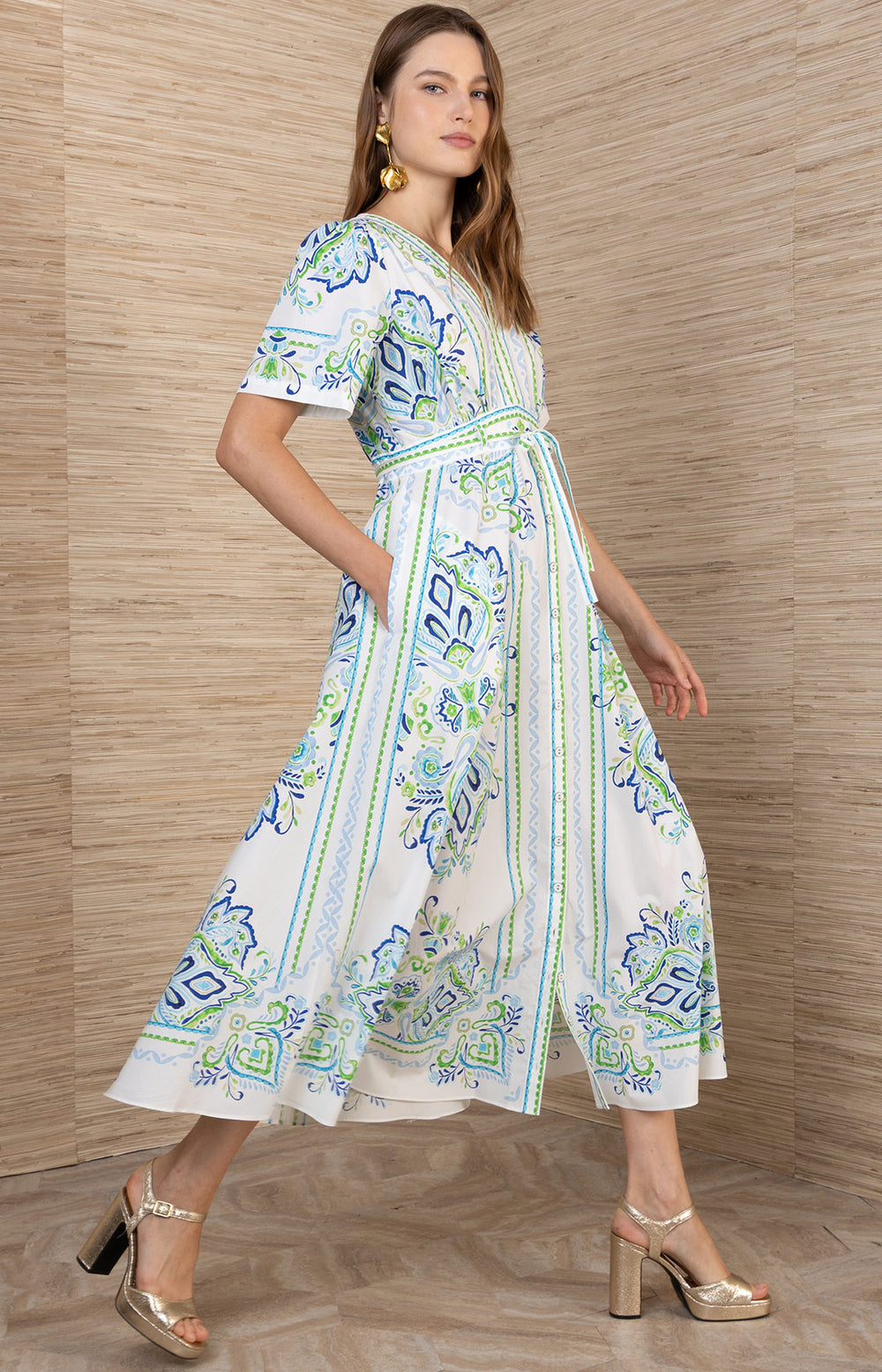 Hale Bob Mona Short Sleeve Midi Dress in Blue, side view on model showing A-line volume, midi length, and border-print skirt panels