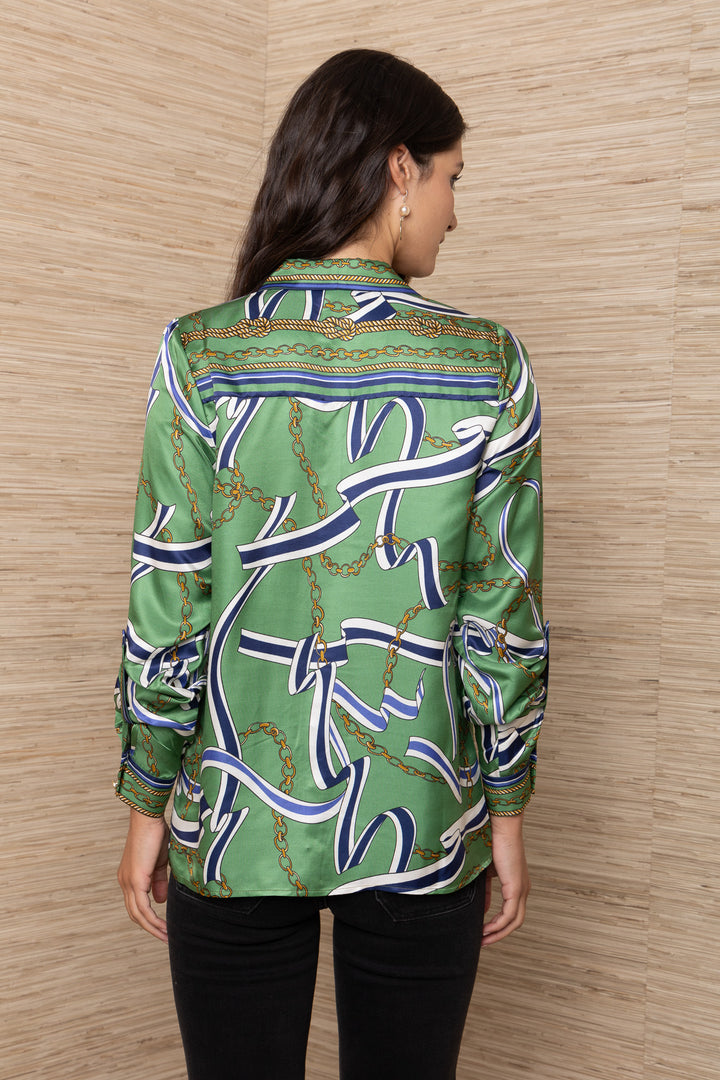 Hale Bob Wilhelmina Long Sleeve Button Up Top in green chain and ribbon print — back view showing full pattern placement across the yoke and sleeves