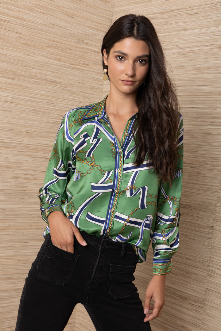 Hale Bob Wilhelmina Long Sleeve Button Up Top in green chain and ribbon print — front view showing button cuff and sleeve detail