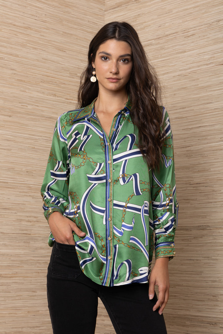 Hale Bob Wilhelmina Long Sleeve Button Up Top in green chain and ribbon print — close-up front view showing collar, placket, and gold rope trim detail