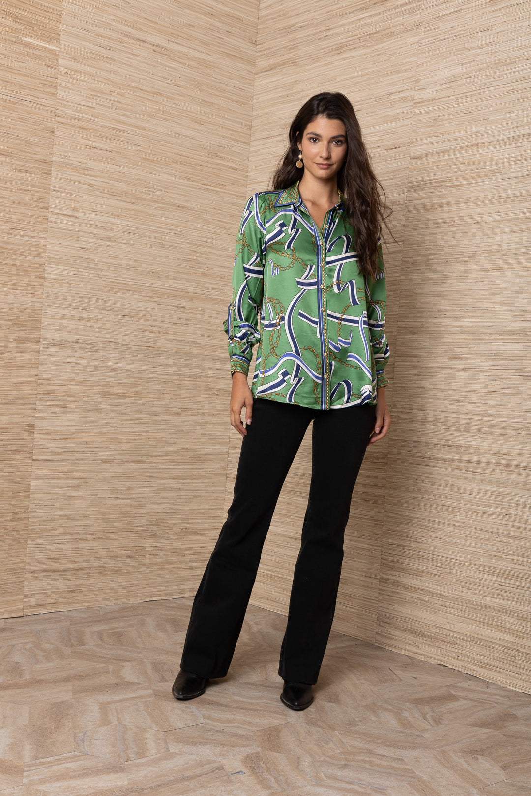 Hale Bob Wilhelmina Long Sleeve Button Up Top in green chain and ribbon print — full-length front view styled with black flare denim and boots