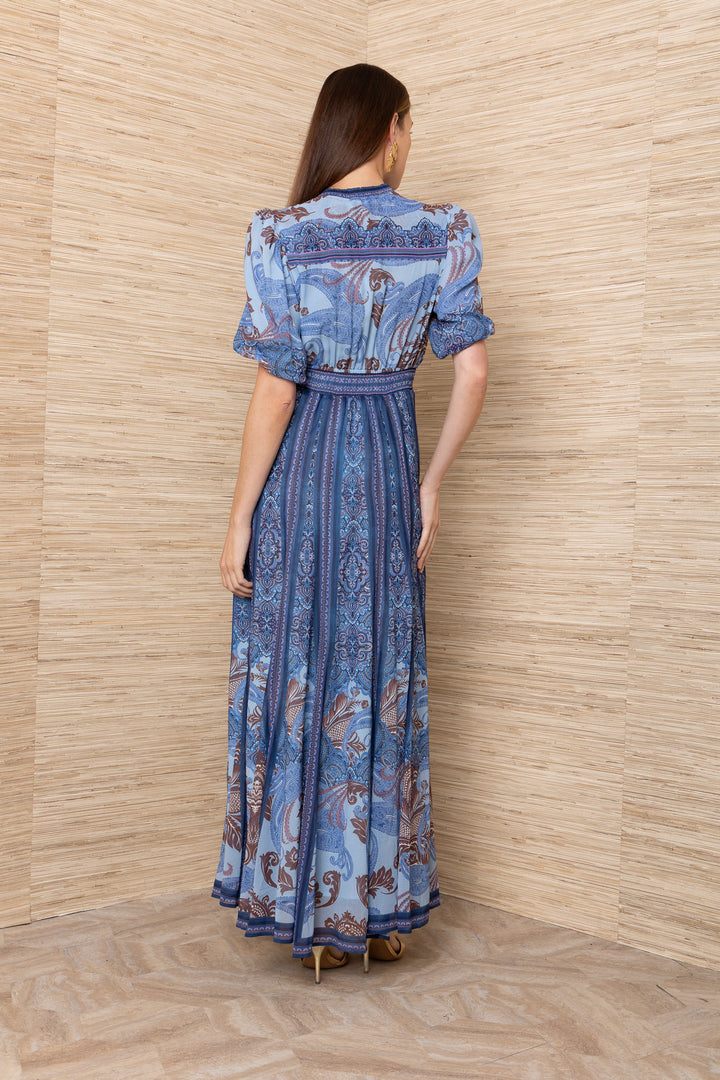 Hale Bob Liliosa Short Sleeve Maxi Dress in blue paisley print — back view showing bodice fit and skirt fullness