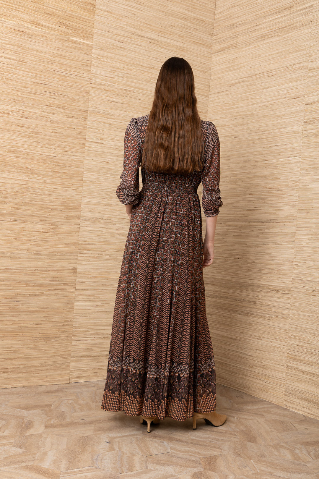 Hale Bob Blythe Long Sleeve Long Dress, brown geometric print, full-length back view